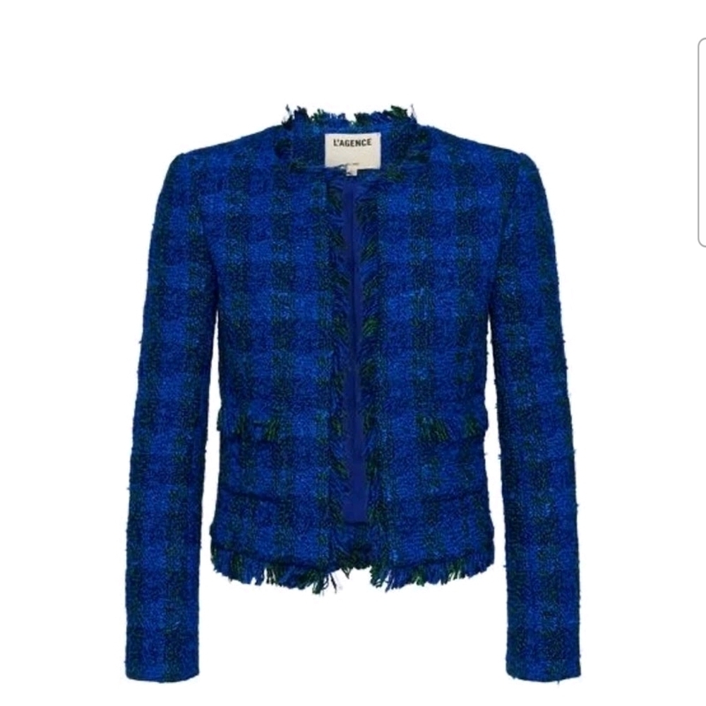 L'AGENCE Angelina Tweed Open-Front Collarless Blazer In Pop Cobalt Green